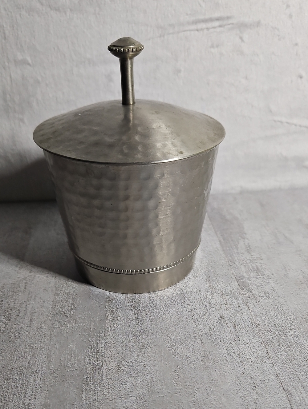 Vintage Hammered Silver Tone Metal Round Lidded Jar